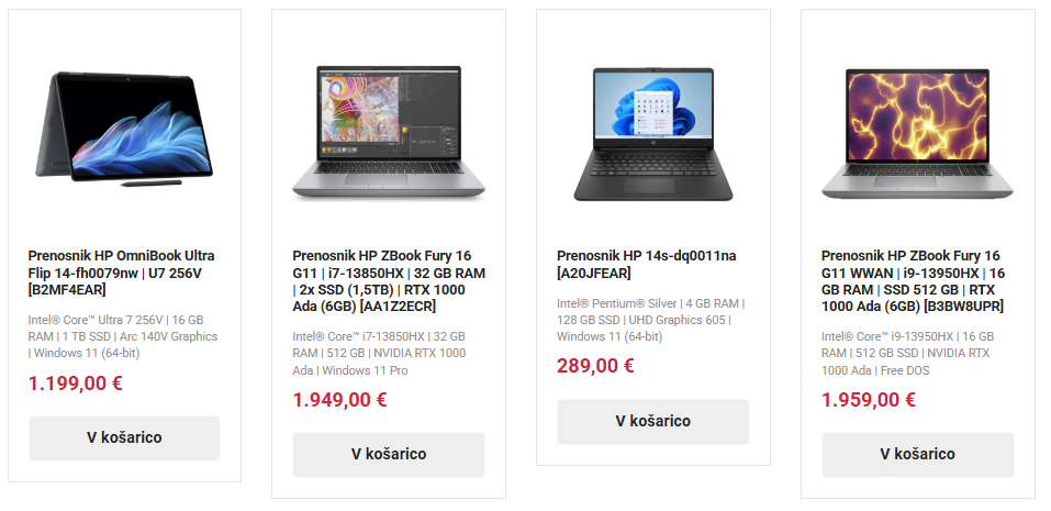 Screenshot kategorije prenosniki s štirimi izdelki na sliki in integriran link
